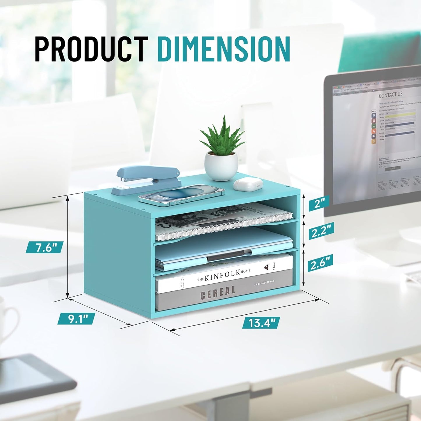 Wood Desk Organizer, 3 Tier Paper Tray Organizer for Desk with Adjustable Storage Shelves, Desktop Paper Sorter Mail Holder for Office Home Classroom, Blue