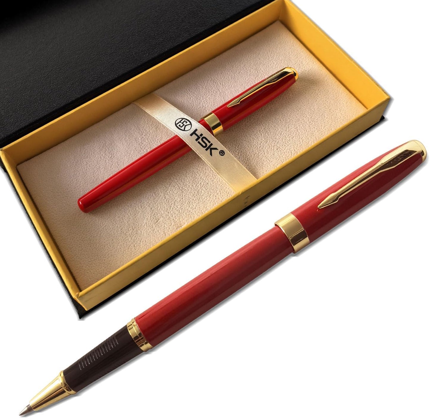 HSK Ballpoint Pens Executive Fountain Pen with Gold Trim, Gift Box Set, Available in Black, Red, Navy Blue,Black Refill Line width 0.5mm (Red)