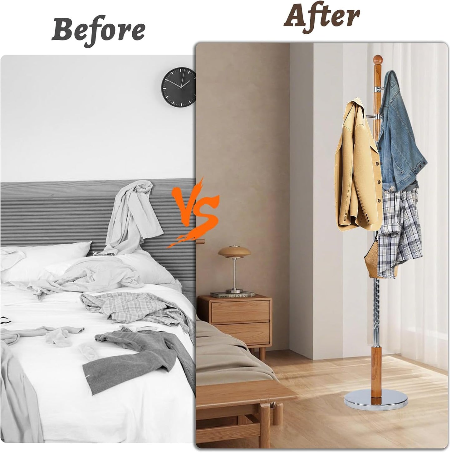 Wooden Coat Rack Freestanding with Resin Hooks, Adjustable Heavy Duty Stand for Hanging Coats, Bags, Hats, and Umbrellas in Living Room, Bedroom, Entryway (Walnut color-metal)