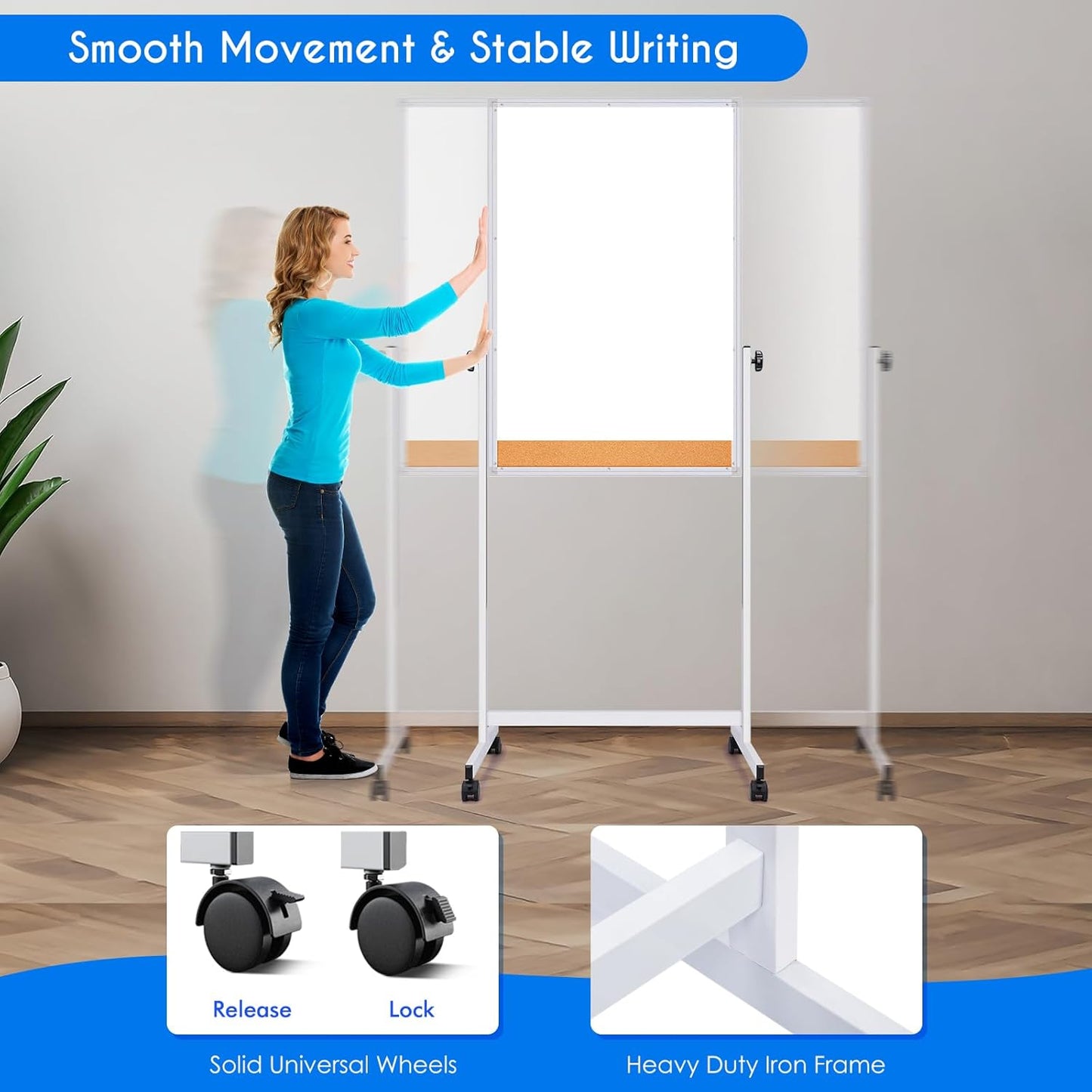 maxtek Rolling White Board, 44x28 Inches Magnetic Cork Board Combo, Portable Double-Sided Dry Erase Board on Wheels, Height Adjutable Easel Board for Home, School, Office