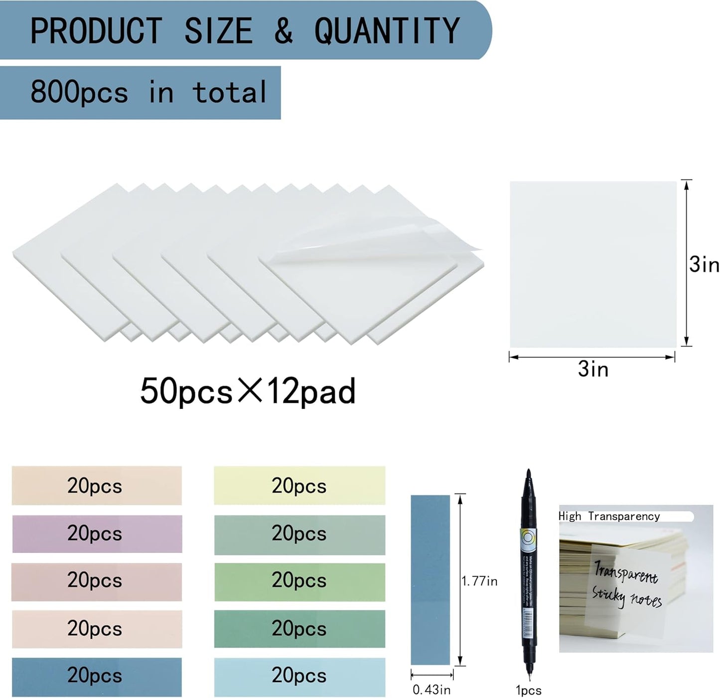 800Pcs Transparent Sticky Notes, 3"x3" Clear Sticky Notes, Waterproof Translucent Sticky Note Pads for Books Annotation, Clear Post it Notes for Bible Study, School, Office（White）