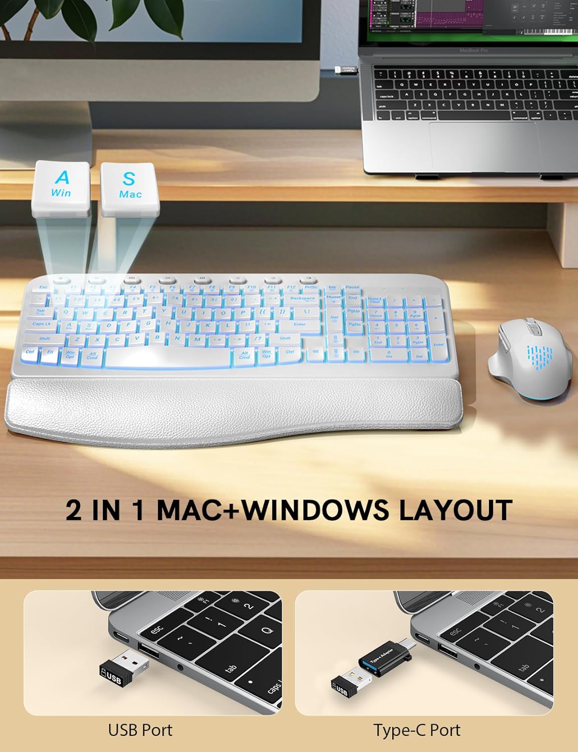 SABLUTE Ergonomic Wireless Keyboard and Mouse Combo - Wave Keyboard with Soft Leather Wrist Rest, Resistant Keys, RGB Backlit Rechargeable Set for PC/Mac/Chromebook (White)