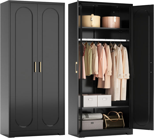 Metal Armoire Wardrobe Closet with Hanging Rod, 71" Tall Wardrobe Cabinet for Clothes, Black Clothing Storage Cabinet with Doors and Shelves, Large Wardrobes for Bedroom-Assemble Required