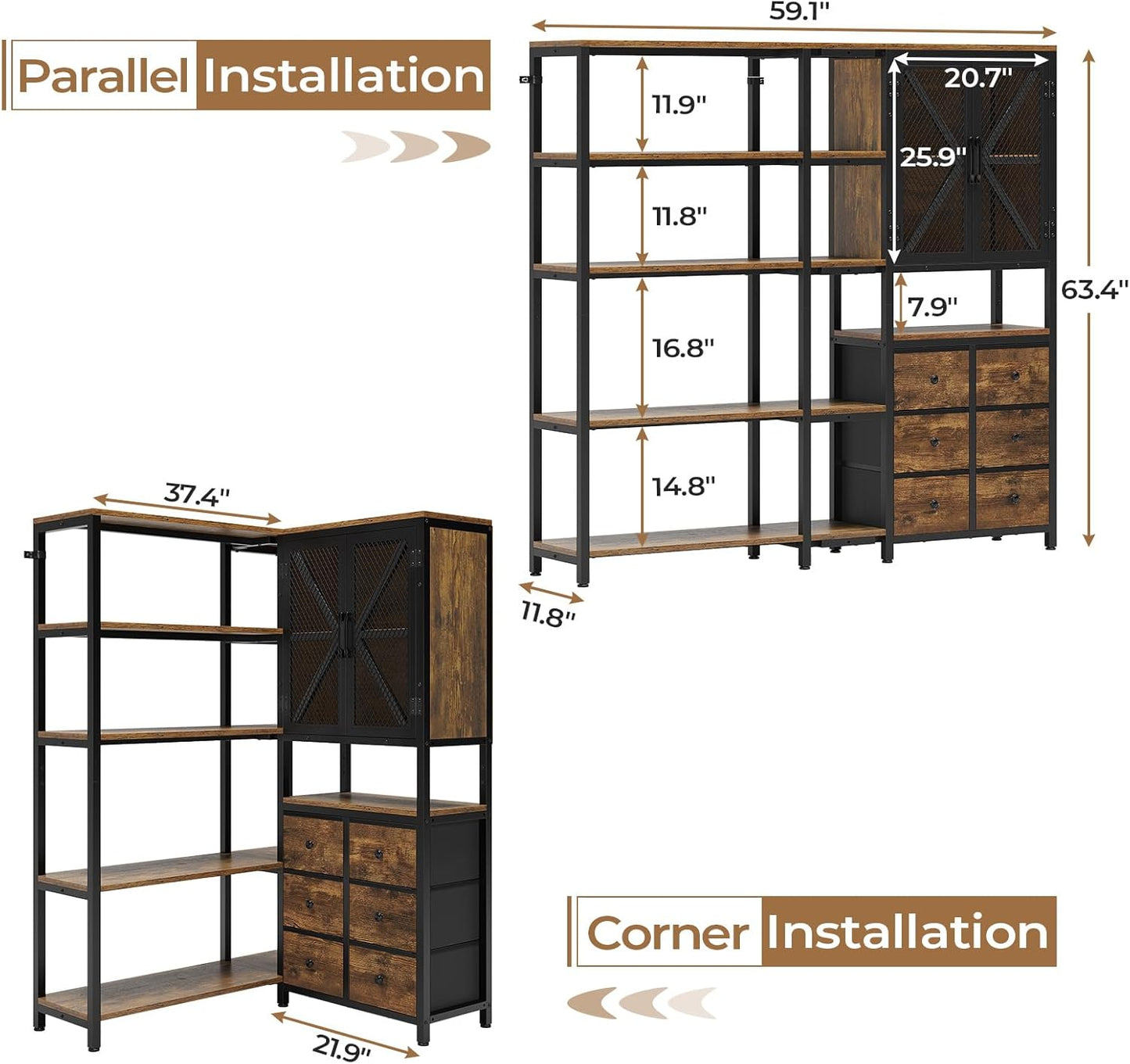 Corner Bookshelf, 5 Tier Industrial Convertible Bookshelf with 6 Fabric Drawers, Corner Bookcase Large L Shaped Storage Display Shelf for Home Office, Living Room, Kitchen, Rustic Brown