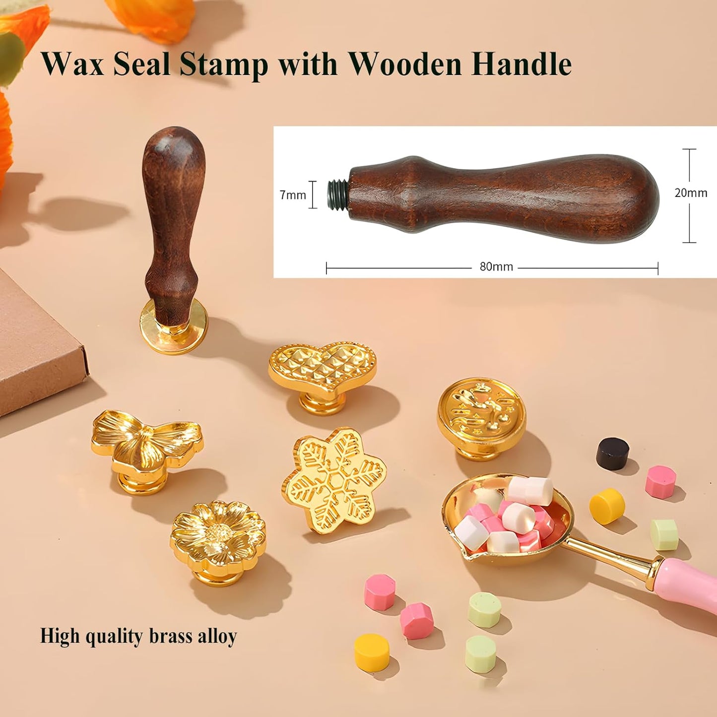 Wax Seal Stamp Kit- 9Pcs Vintage Brass Sealing Wax Stamps Head with Wooden Handle for Gift Wedding Invitations Cards Envelopes Seals(Heart,Bunny,Rose, Bowknot,Balloon,Sunflower,Angel,Snowflake,Window)