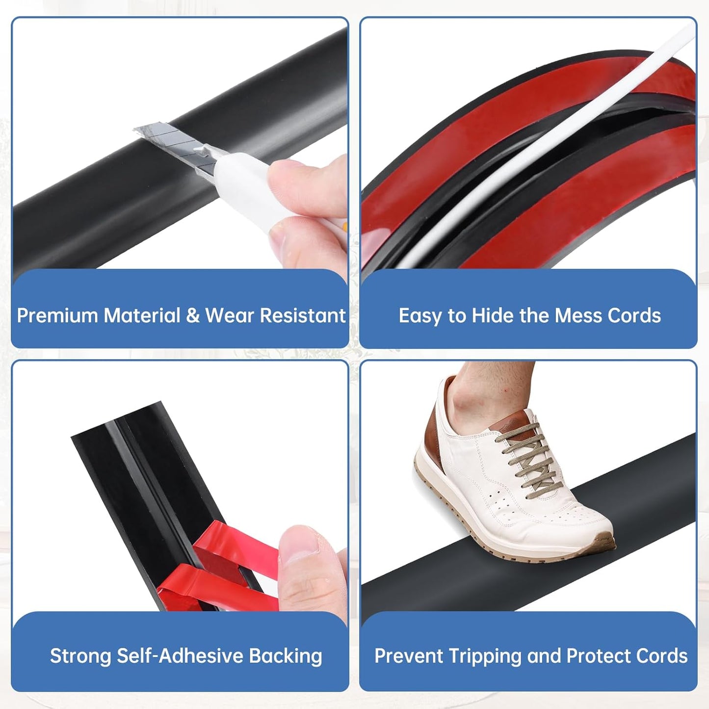 Floor Cord Cover Self Adhesive Cord Hider Floor Extension Cord Covers for Floor Power Cord Protector Cable Management Prevent Cable Trips Cable Cavity 0.51" W x 0.31" H (Black, 10Ft)