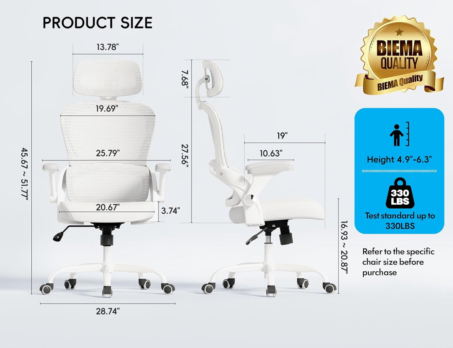TRALT Office Chair - Ergonomic Office Chair with Back Support, Computer Chair - Home Office Desk Chairs, 330lbs Wide Seat Big and Tall Office Chairs with Headrest, Comfy Desk Chairs (White)