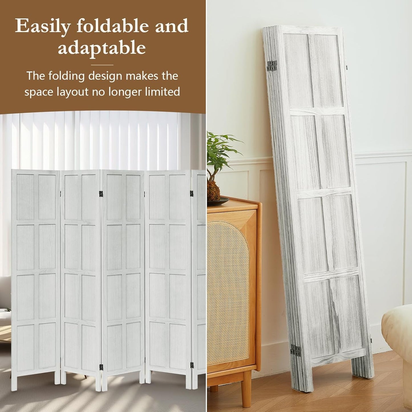 6 Panel Room Divider, 5.6Ft Wood Room Dividers and Folding Privacy Screens, Room Divider Wall Freestanding Room Partitions, Room Dividers Screen for Home Office Restaurant Bedroom, White