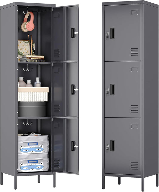 Metal Locker with Hooks and Ventilation Holes,Metal Storage Locker with Keys and Business Card Slof for Home,Gym,Garage,School,Office,66" H×15.75" W× 15.75" D,Assembly Required,Dark Grey