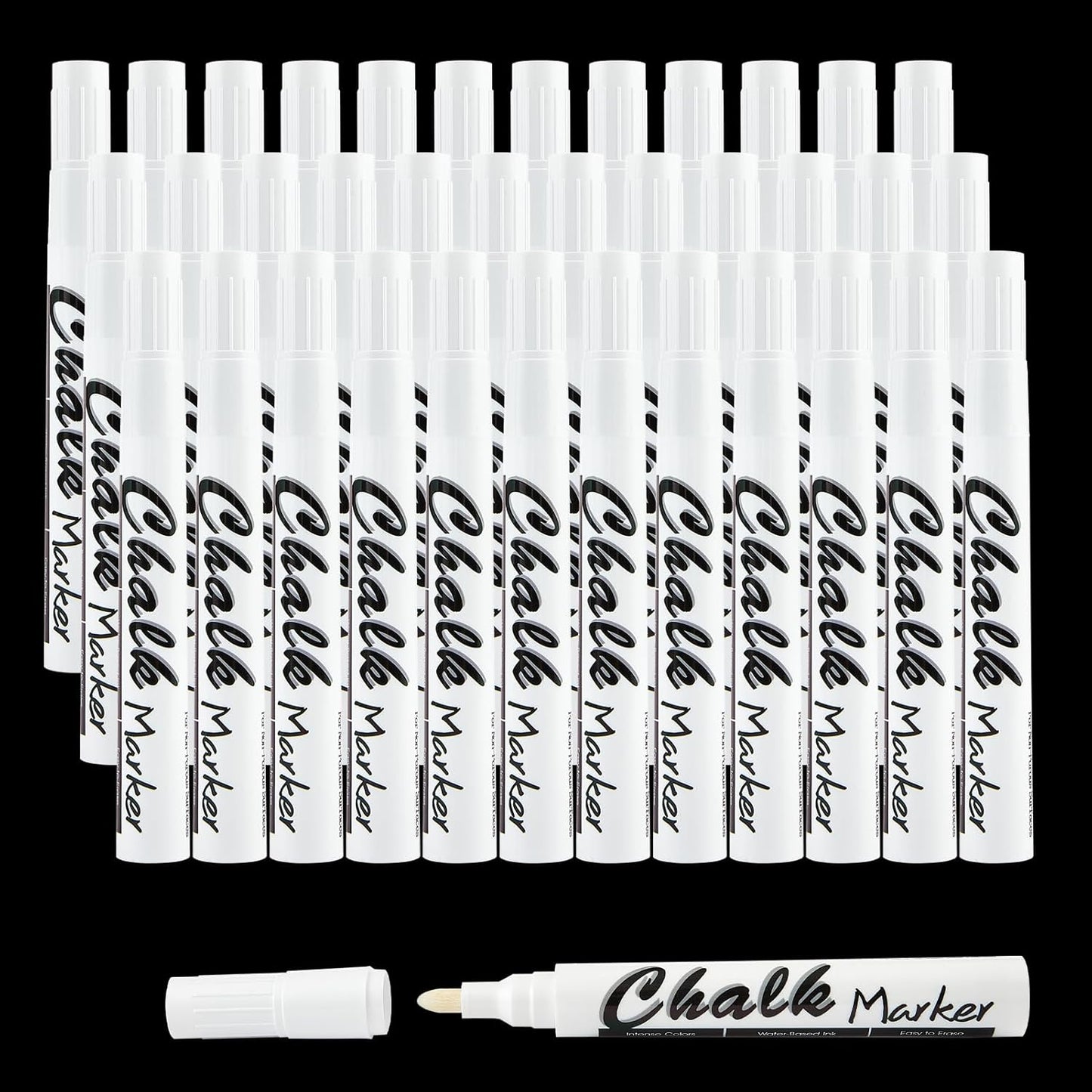 Volcanics White Liquid Chalk Markers 36 Pack Chalk Pens for Blackboard, Chalkboard, Windows, Glass, LED Board, Bistro Signs – Erasable Water-Based Ink Ideal for Teachers, Artists & DIY Projects