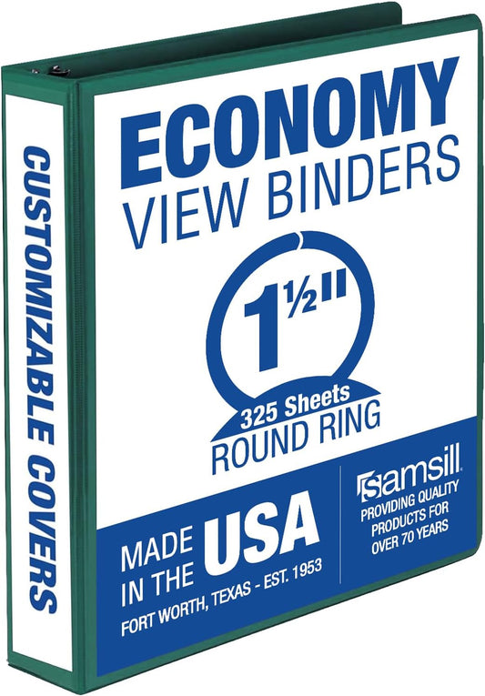 Samsill 1.5 Inch 3 Ring Binder, Made in USA, Economy Round Ring, Clear View Cover, 325 Sheet Capacity - for School, Home, Office - Forsest Green