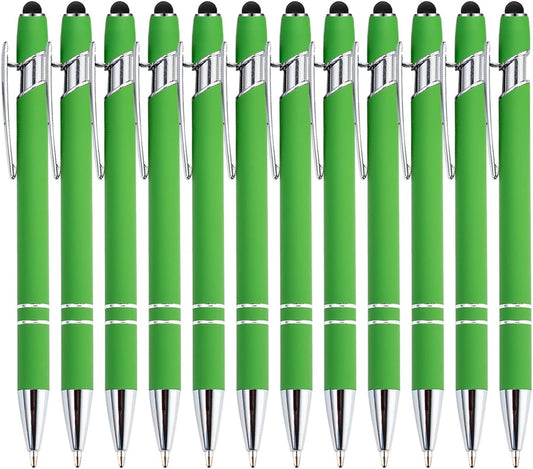 PASISIBICK 12 Pieces Green Ballpoint Pen with Stylus Tip, 2 in 1 Stylus Stylish Pen, Metal Stylus Pen for Touch Screens, Black Ink, 1.0 mm Medium Point.(12 PCS Green)