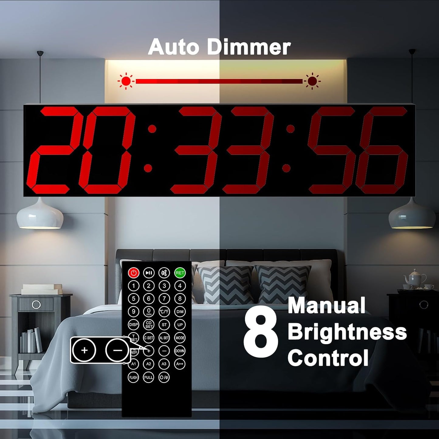 Digital Wall Clock, Oversize Led Digital Clock Large Display with Auto Dimmer, Huge Countdown Timer with Remote Control, 27" Wide Led Display, 6 Digits, Wall Mount, Date and Temperature (Red)