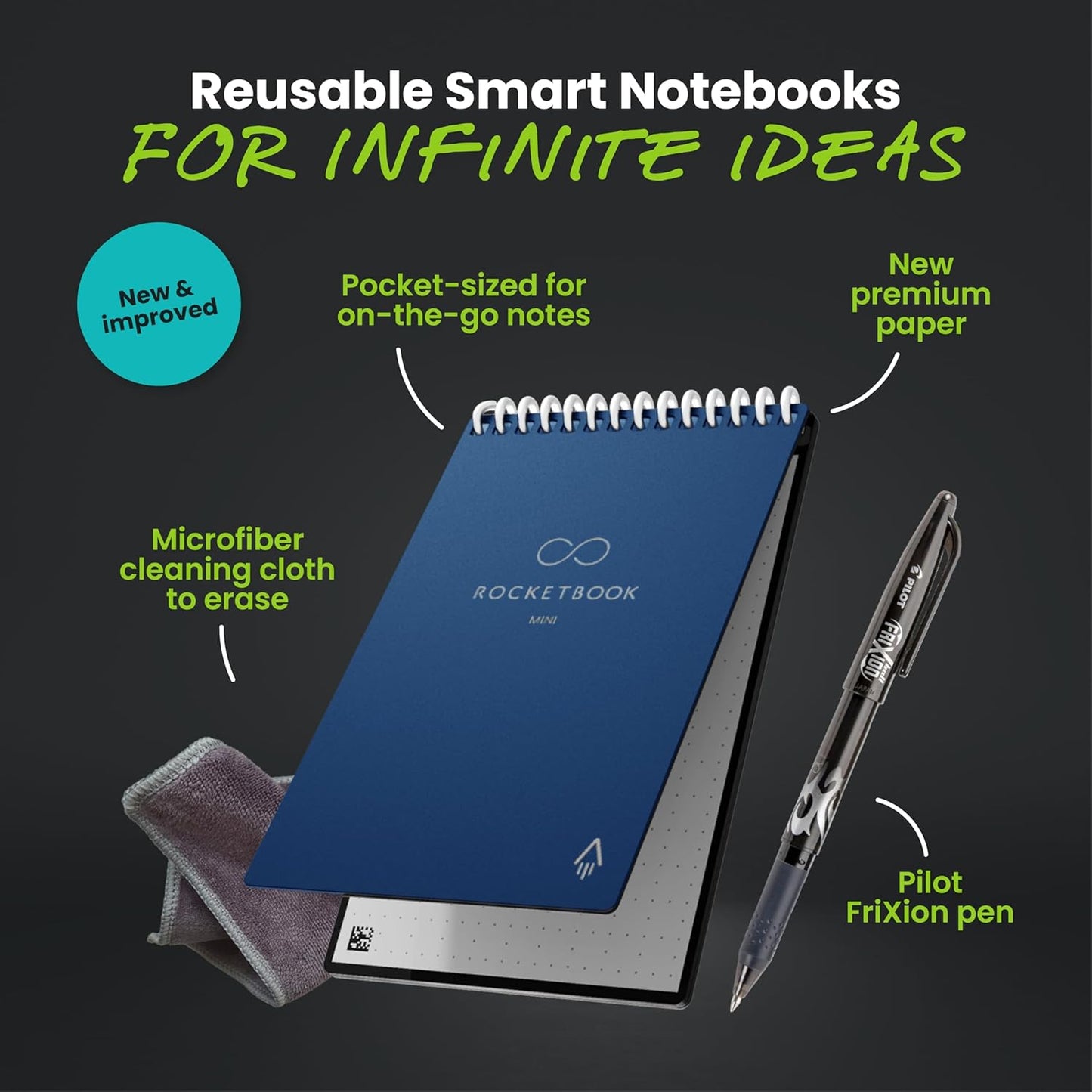 Rocketbook New Mini Reusable Smart Notepad, Pocket Size Notebook 3.5x5.5, Dark Blue - Dotted Pages, App-Connected, Erasable, Ideal for On-The-Go List Taking & Quick Notes Anywhere