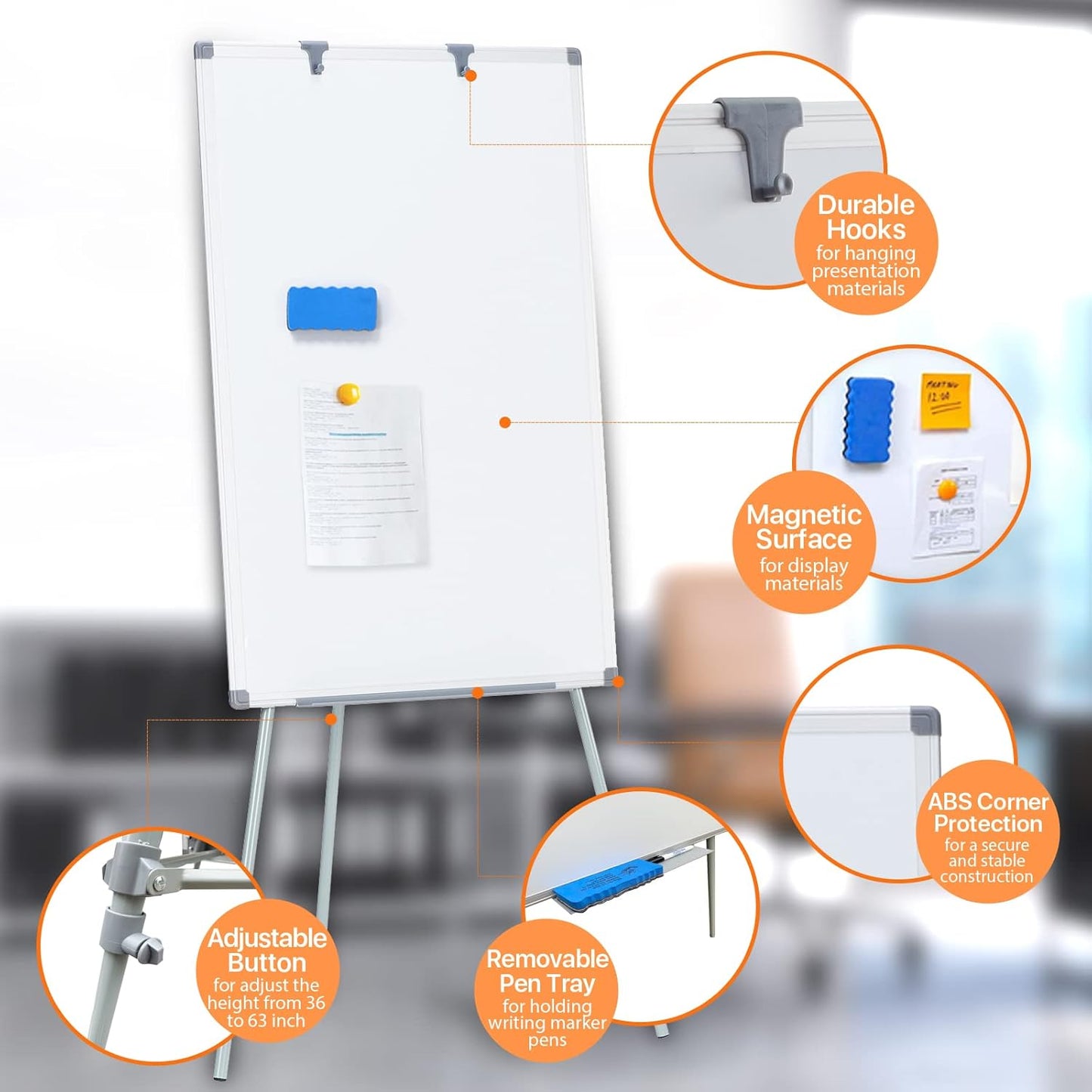 MAKELLO White Board with Stand, Portable Whiteboard Easel 3'x2' for Office Classroom Home School, Adjustable Height, Aluminum Frame, 36x24in