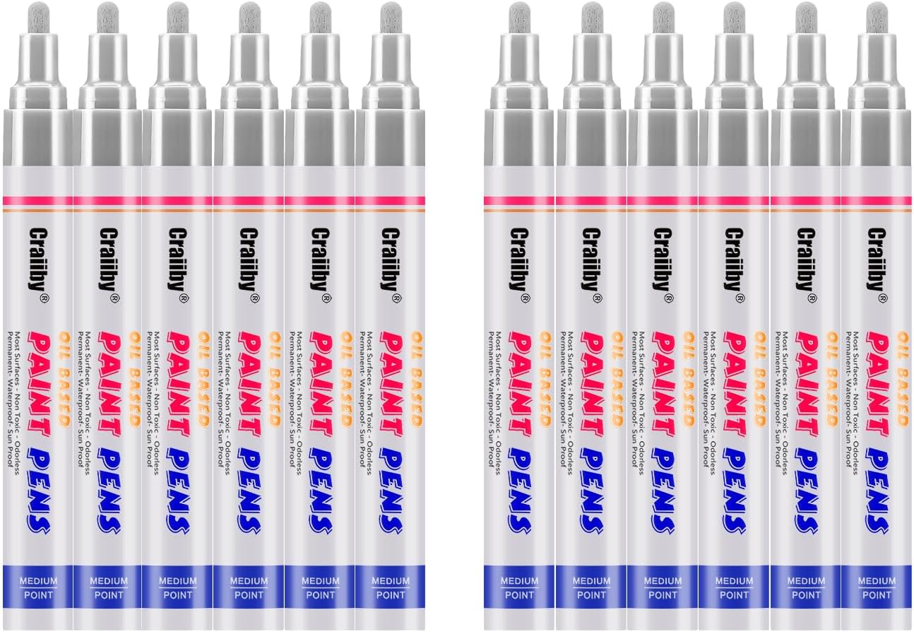 Silver Paint Markers, 12 Pack Oil-Based Waterproof Quick Dry Permanent Paint Pen Set for Rocks Painting, Wood, Fabric, Plastic, Canvas, Glass, Mugs, Metal, Tire, Stone, DIY Craft