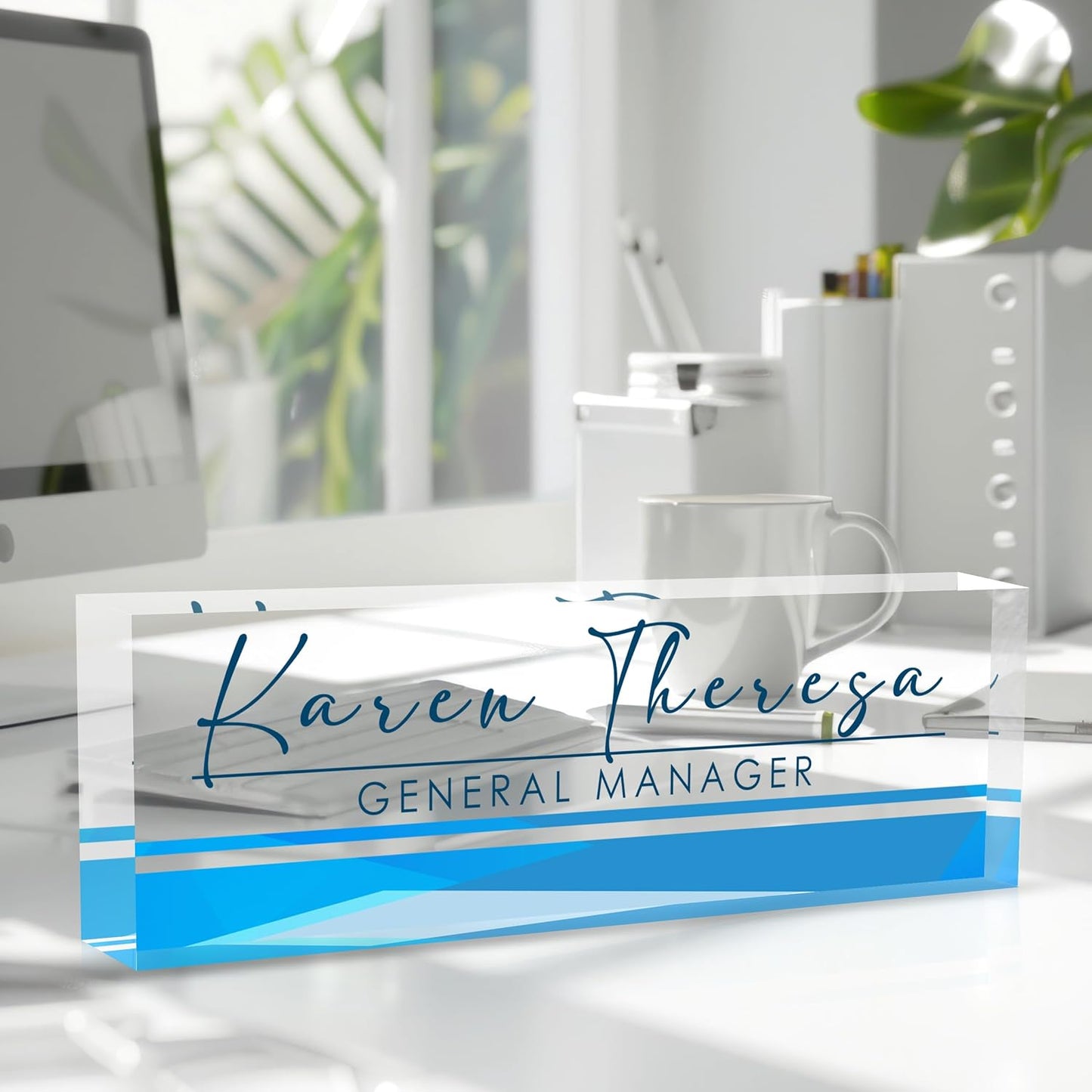 Custom Office Name Plate, Personalized Gifts for Women & Men, Appreciation Gifts for Employees, Minimalist Blue Desk Accessory