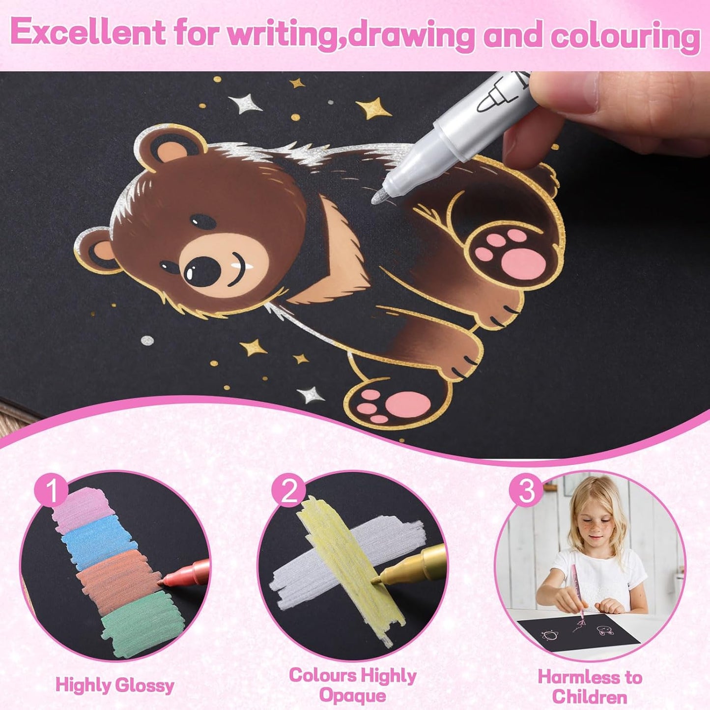 24 Pack Metallic Markers, Dual Tip Glitter Pens for Black Paper & Rock Painting Metallic Acrylic Paint Markers for DIY Crafts, Scrapbooking, Glass, Wood, Cards Alcohol Based Quick Dry Ink