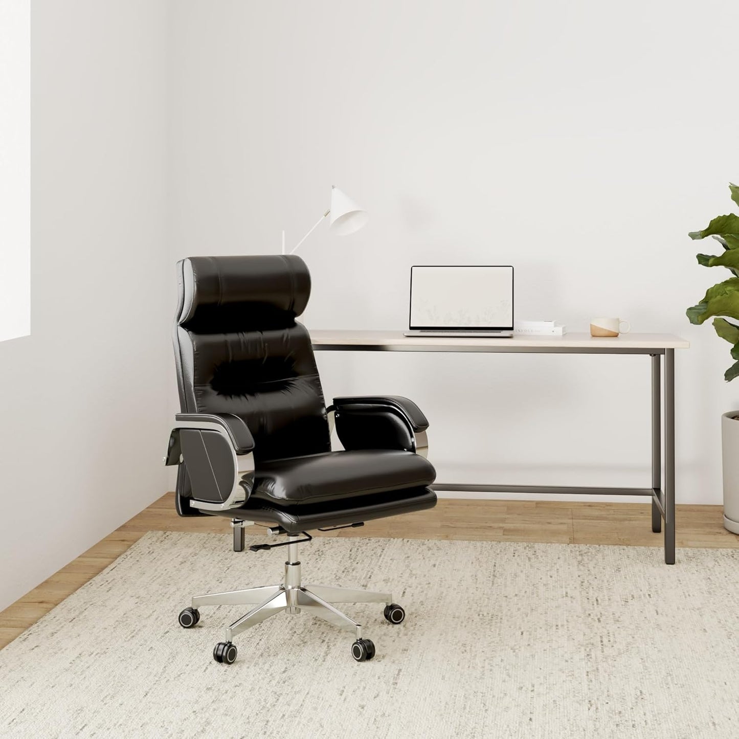 Genuine Leather Modern Executive Chair High-Back Support 90 to 150 Degrees Tilt and Upholstered Home Desk Chair with Base 360LB Capacity Swivel Computer Office Chair (Black)