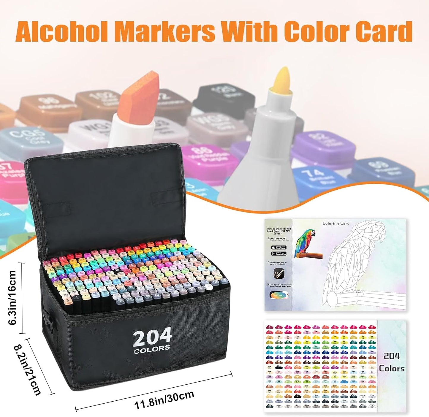 204 Colors Alcohol Markers with Free App, Chisel & Fine Tip Alcohol-Based Marker Set for Adults Kids, Dual Tip Artist Markers for Drawing, Coloring Illustration, Painting and Great Gift Idea