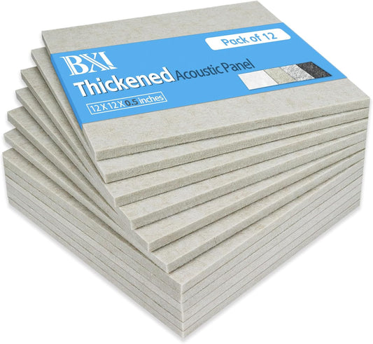 BXI Thickened Sound Absorbing Panels - 12 Pack 12 X 12 X 0.5 Inches Dense Acoustic Panels, Echo Noise Reducing Sound Panels, Tackable Studio Panels for Wall and Ceiling Acoustic Treatment