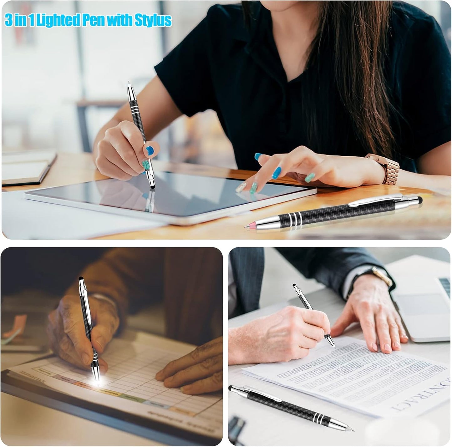 Glovion Lighted Tip Pen with Stylus 3-in-1 - LED Penlight Light Up Pen Light Ballpoint Pen with Light for Writing in The Dark - Pack of 3 - Red/Blue/White Light - GL006