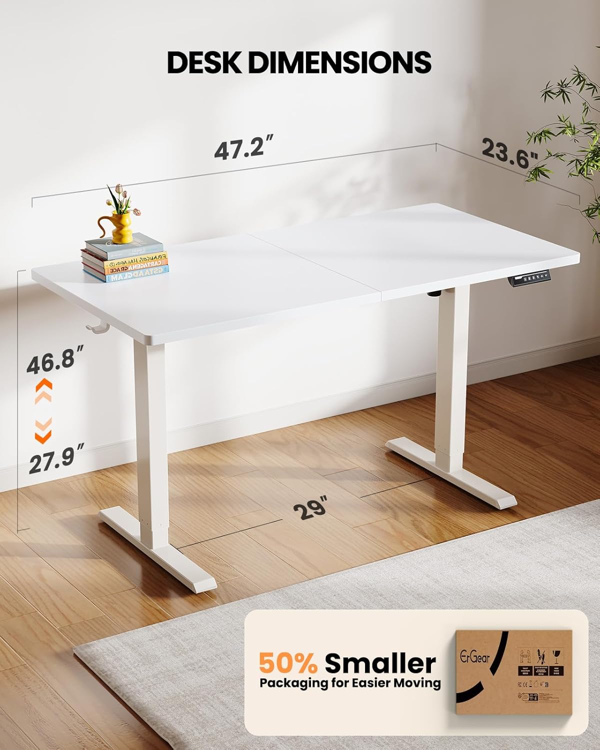 ErGear Electric Standing Desk, 48 x 24 inch Height Adjustable Sit Stand Up Desk, Computer Home Office Desk with 4 Memory Height Buttons, Two Pieces Desktop, White, EGESD110W