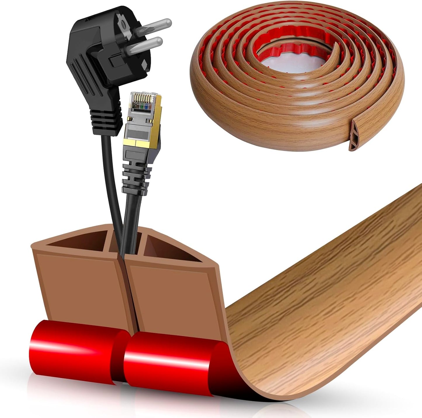 Floor Cord Cover Self Adhesive Cord Hider,20FT Cable Management, Extension Strip Protector for Wires, Prevent Cable Trips for Offices, Gyms, Exhibitions Cavity:0.47"(W) x 0.35"(H) Brown Wood