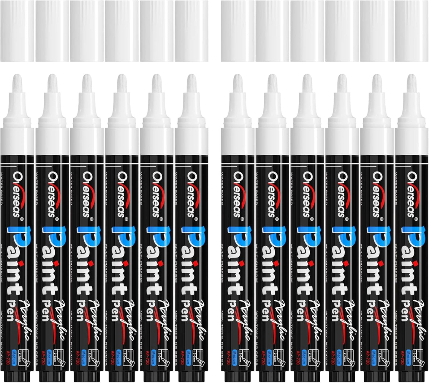 Overseas White Paint Pens - Permanent Acrylic Paint Markers 12 Pack, Water-Based, Quick Dry, Waterproof Marker Pen for Rock, Wood, Plastic, Metal, Canvas, Glass, Fabric, Tire, Mugs. Medium Tip