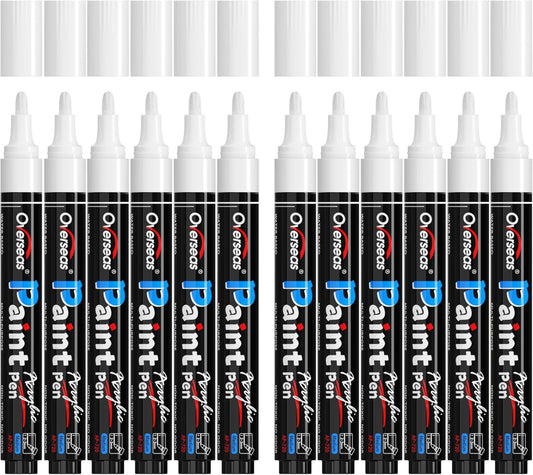 Overseas White Paint Pens - Permanent Acrylic Paint Markers 12 Pack, Water-Based, Quick Dry, Waterproof Marker Pen for Rock, Wood, Plastic, Metal, Canvas, Glass, Fabric, Tire, Mugs. Medium Tip