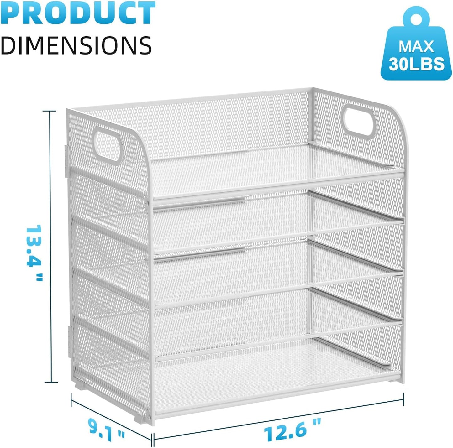 Marbrasse Paper Organizer Letter Tray, 5 Tier Mesh File Organizer with Handle, Paper Sorter Desk Organizer for Home Office Supplies - White