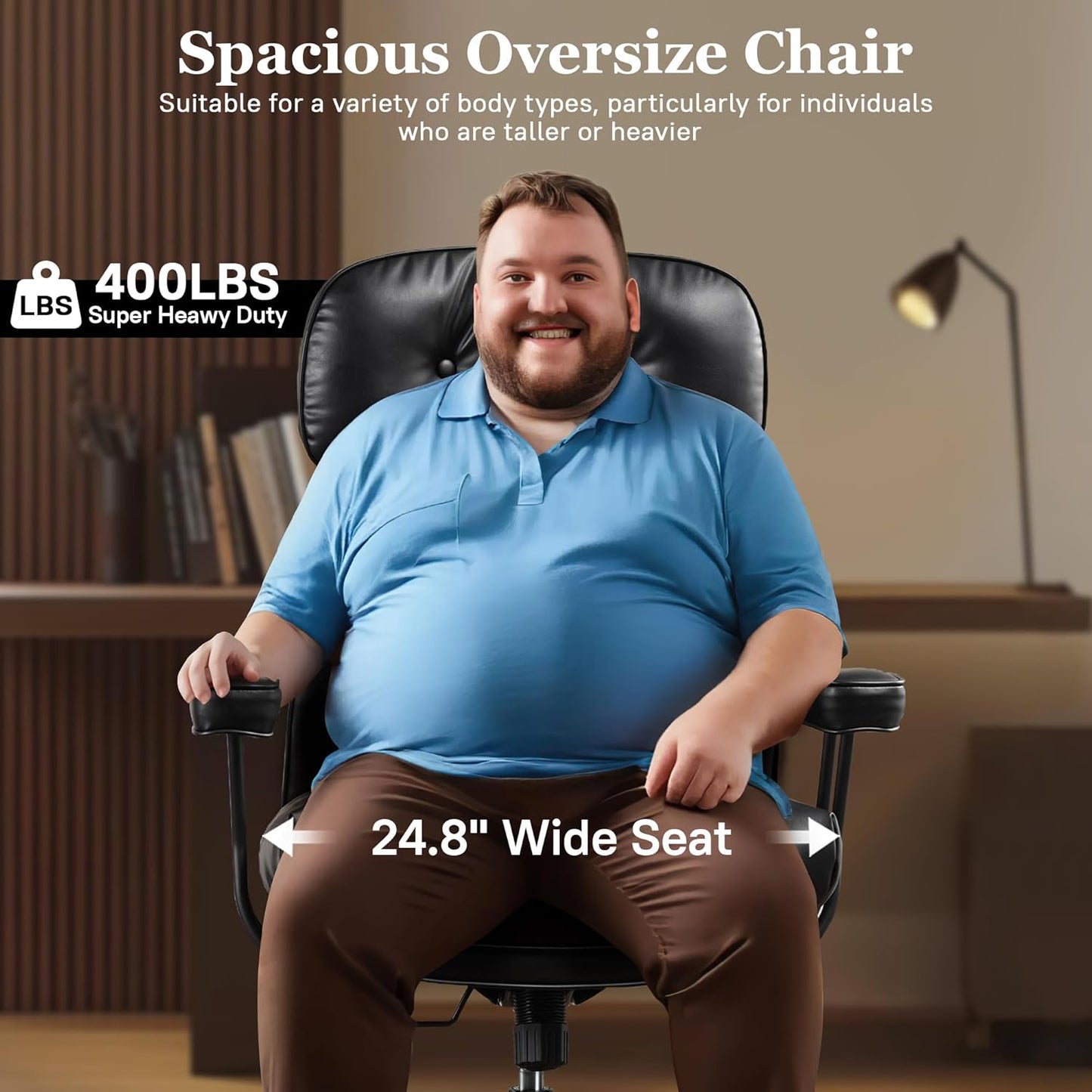 Mid Century Modren Big and Tall Office Chair,Large Ergonomic Executive Chair for Heavy Duty People, Computer Desk Task Chair with Wheels, Faux Lether Fabric Wide Chair for Home Sturdy,Black