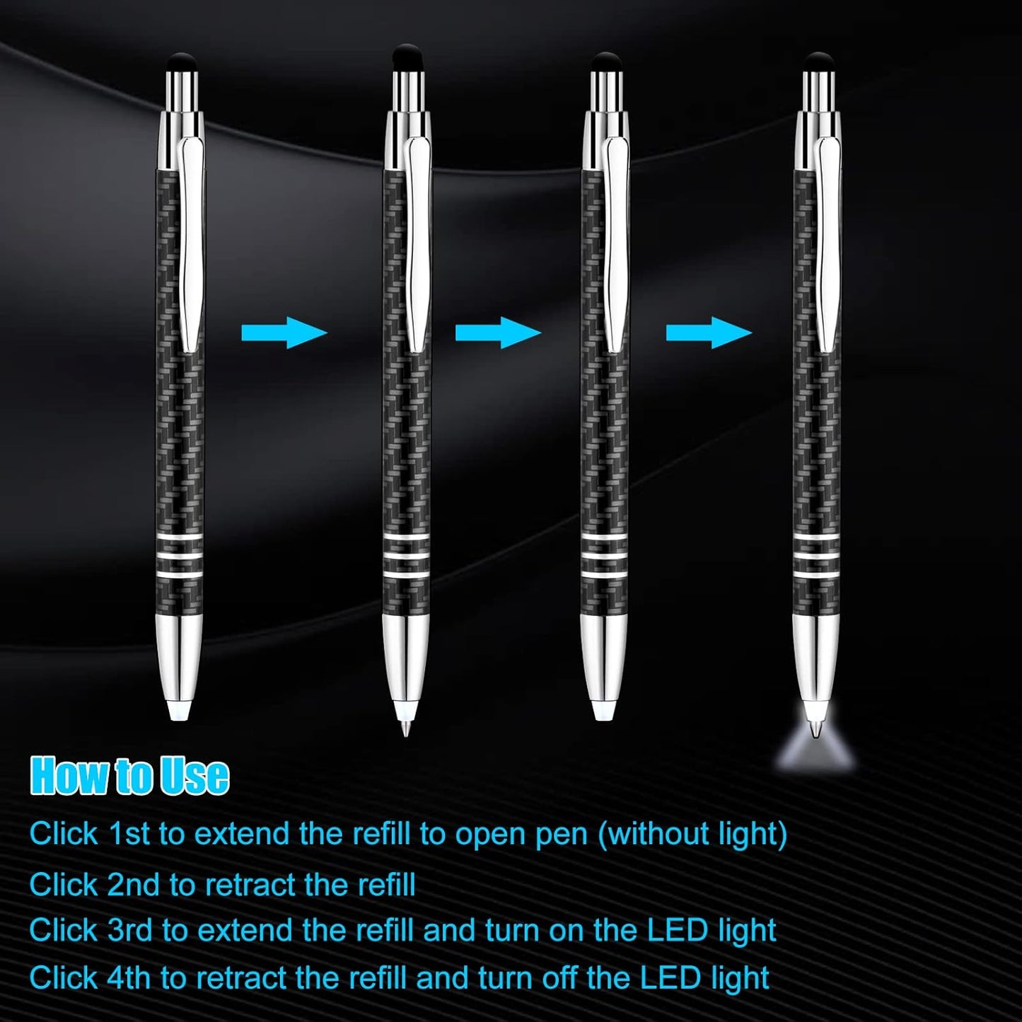 Glovion Lighted Tip Pen with Stylus 3-in-1 LED Penlight Light Up Pen Light Ballpoint Pen with Light for Writing in The Dark - Pack of 3 - White Light - GL006