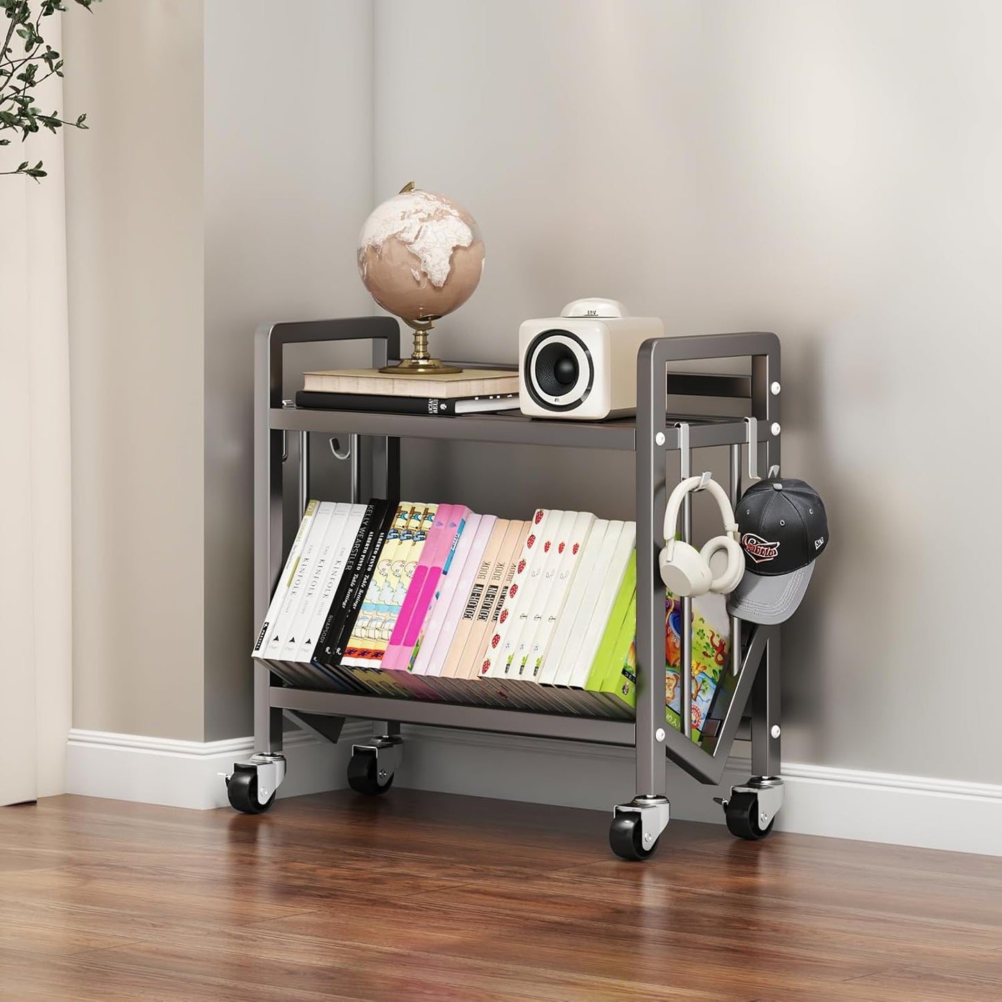 Bookshelf Movable Book Cart Multi-Layer Storage Rack Large-Capacity Rolling Cart L-Shaped Carbon Steel Shelf Suitable for Storing Books, Magazines, Newspapers, Shoes