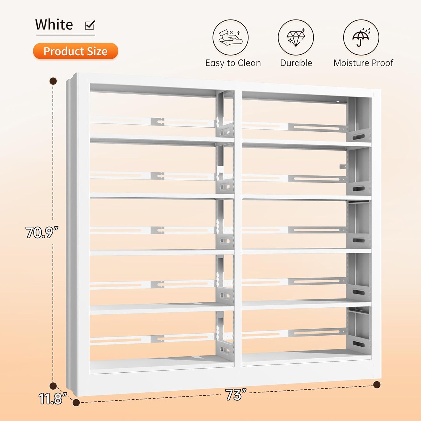 5-Tier Bookcase with Adjustable Storage Shelves, Metal Bookshelf with Book Stopper, Bookcase Shelf for Library, Office, Living Room (White-2)