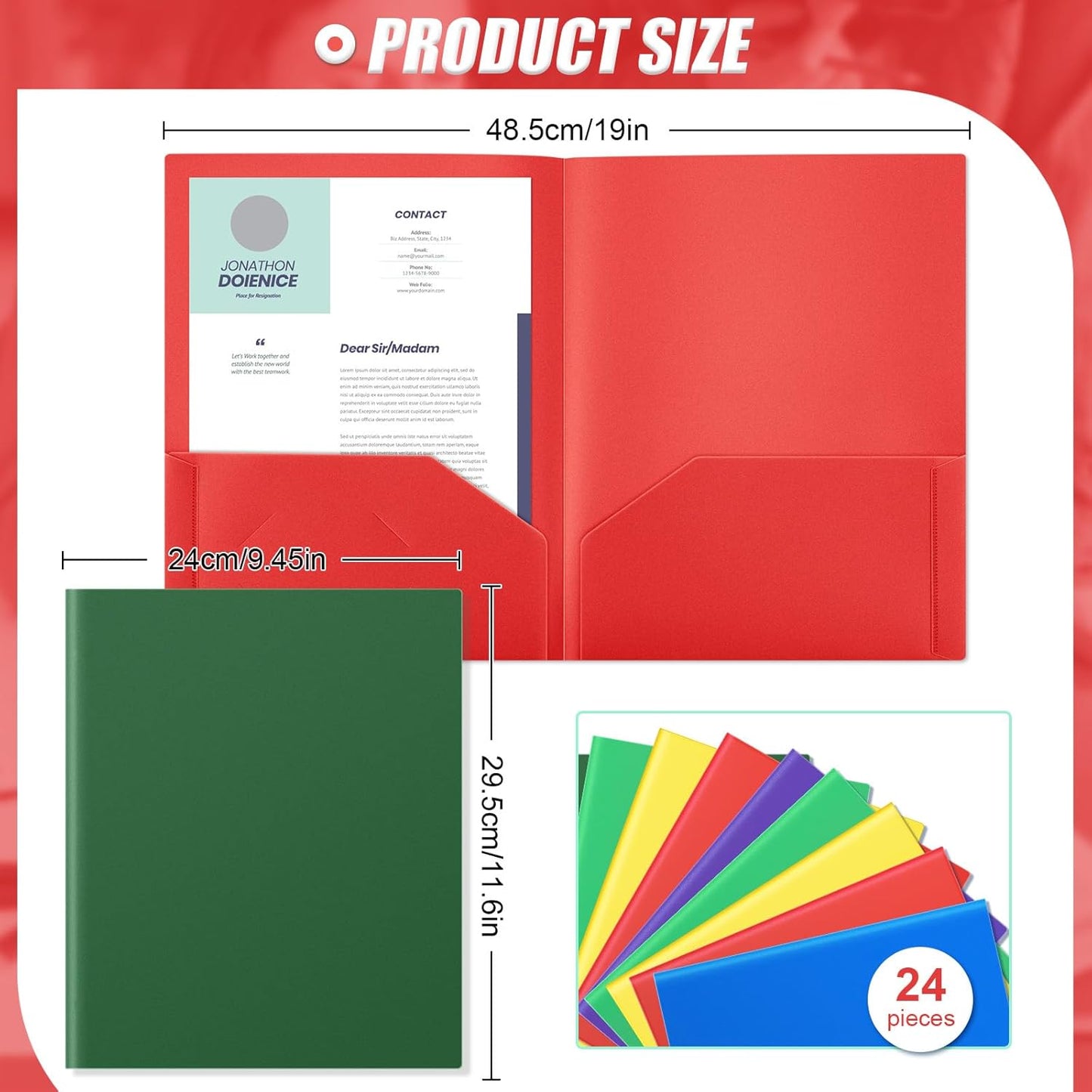 Gueevin 24 Pcs Plastic Folders with Pockets, Back to School Two Pocket Folder Fit Letter Size, Heavy Duty School Business Card Holder for Home Office, 11. 61 x 9. 45 Inches (Multicolored)