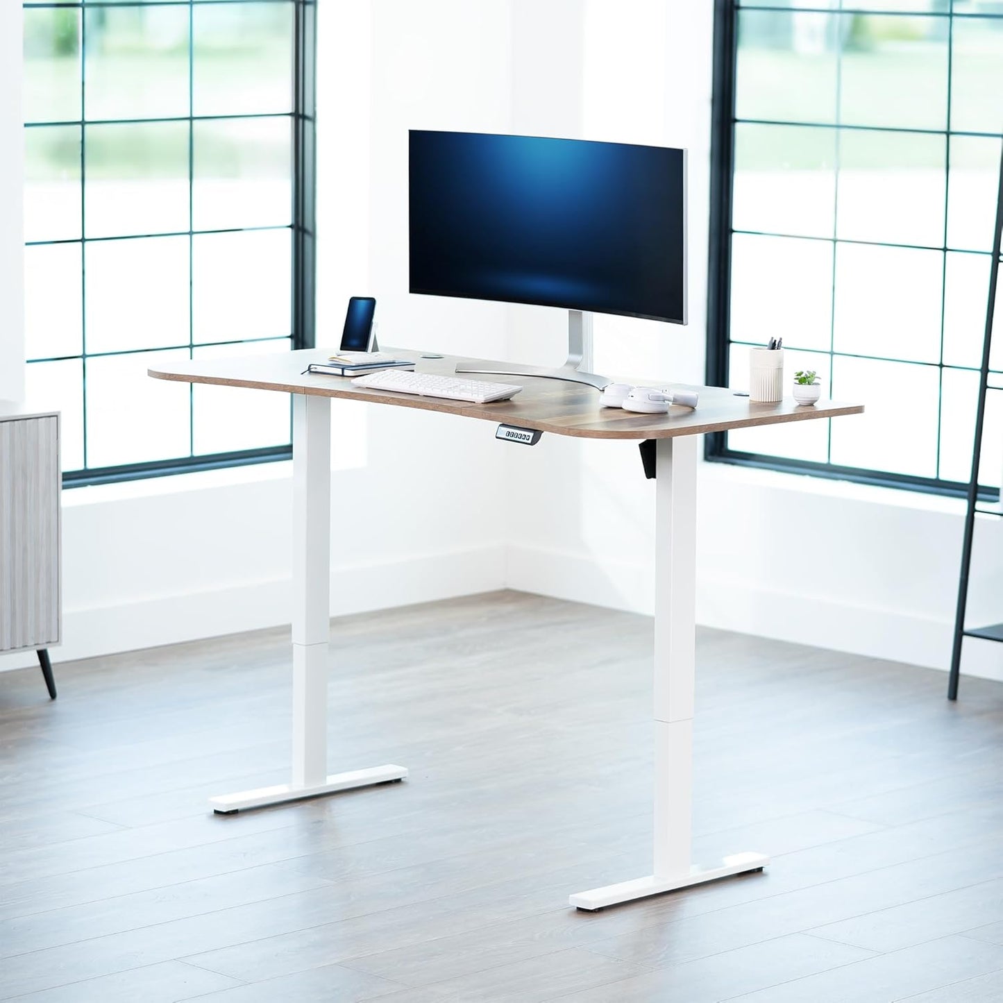 VIVO Electric 63 x 32 in Standing Desk, Memory Height Adjustment, 1B Series, Reclaimed Wood Top White Frame, DESK-KIT-1W1P