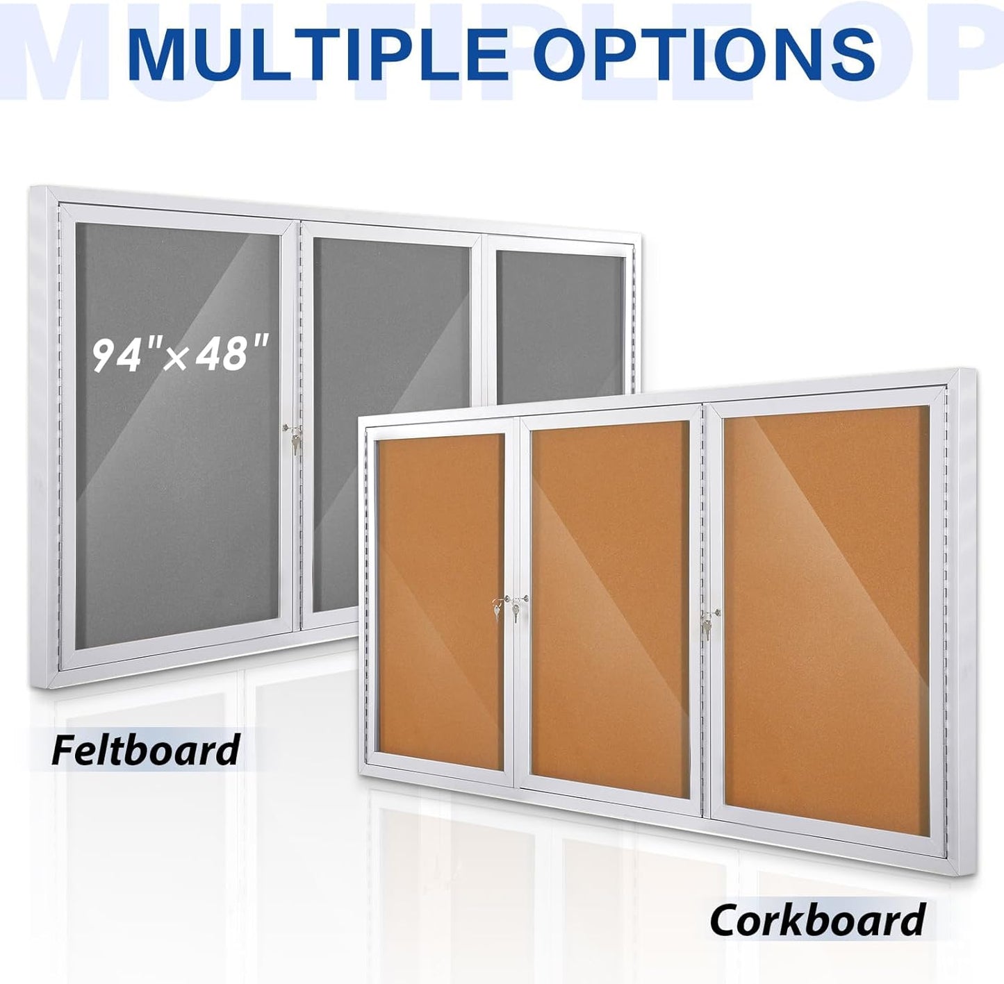 SWANCROWN Outdoor Bulletin Board 94x48in, Enclosed Bulletin Board with Locking Door for Office School Commerce, Grey Felt, Sliver Aluminum Frame