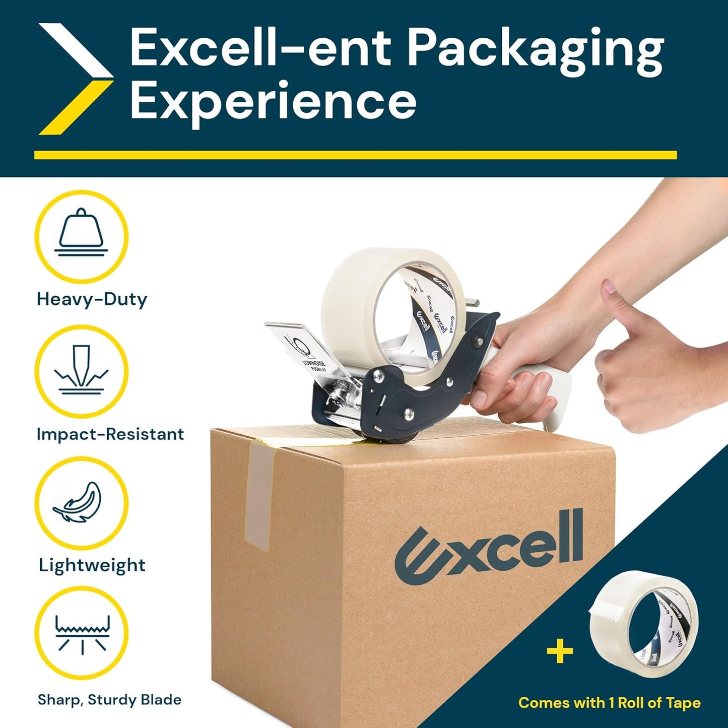 Excell RTS-82891 Low Noise Tape Dispenser, 2" Wide, 3" Core with Pushflap Technology & Static Cling Strip for Quiet, Smooth Carton Sealing - Includes Tape Roll, 1 Pack
