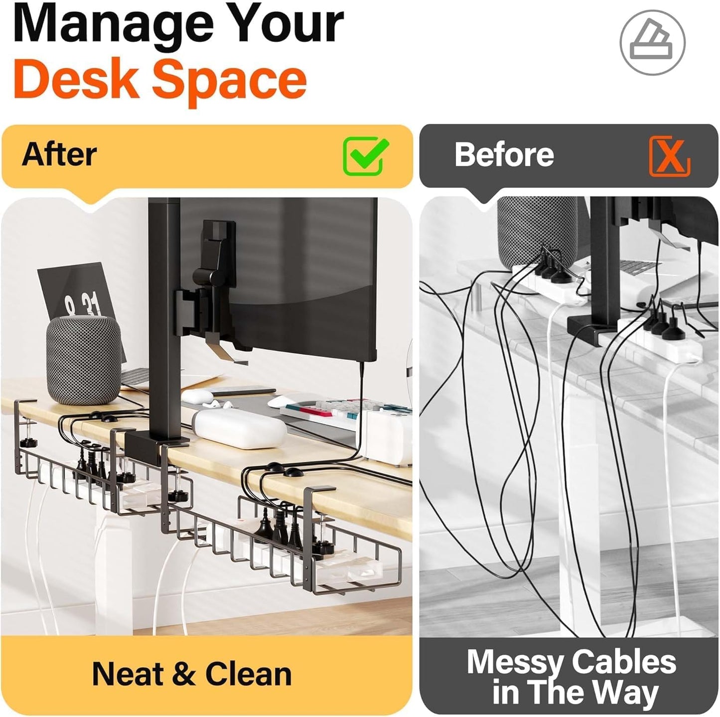 3 Pack Cable Management Under Desk Tray, 47.1" No Drill Under Desk Wire Management with Upgraded Clamp, Metal Cord Organizers with Cable Organizers, PC Cord Organization Rack, Black