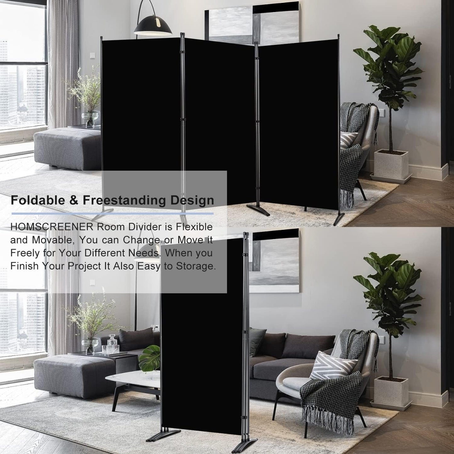 Room Divider 6FT Folding Privacy Screens, Partition Room Dividers w/Freestanding Design, Portable Wall Divider for Room Separtation, Fabric Screen Panel for Home Office Dorm (Black, 3 Panel)