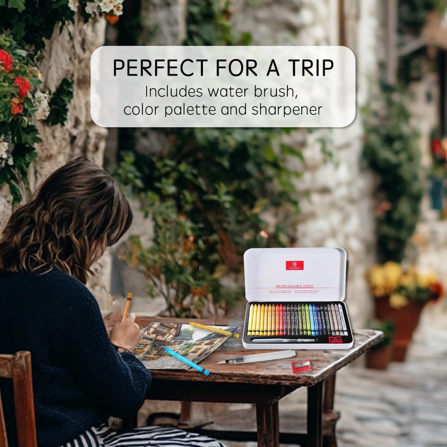 25 Colors Water Soluble Pastels, Watercolor Pastels Set for Beginners and Hobbyists, Includes Sharpener, Palette & Brush for Vibrant Art Creations (Europe)