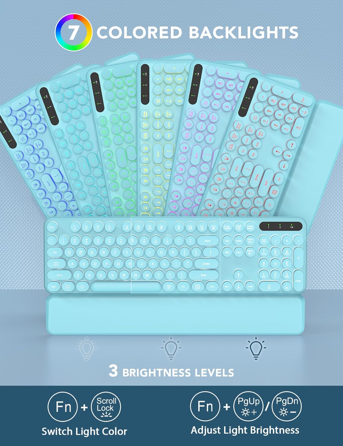 Wireless Keyboard and Mouse Backlit - Typewriter Keyboard with Retro Round Keycaps, Detachable Wrist Rest, Light Up Letters, 2.4G Rechargeable Combo for Mac, Windows, PC, Laptop, Trueque (Aqua Blue)