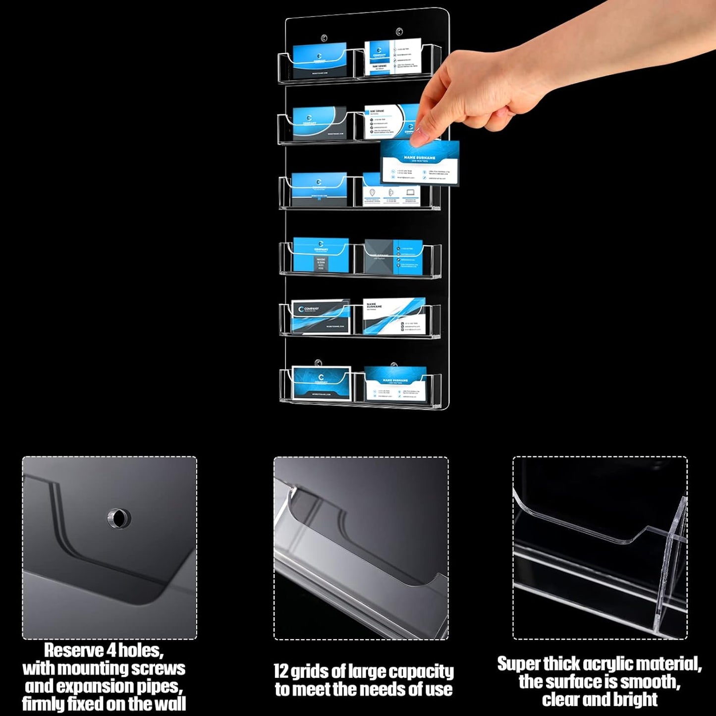 Qunclay 2 Pack 12 Pocket Acrylic Business Card Holder Wall Mount Clear Sticker Display Rack Vertical Multiple Gift Card Rack Display Stand for Home Documents Brochures Hanging Organizing Office Table