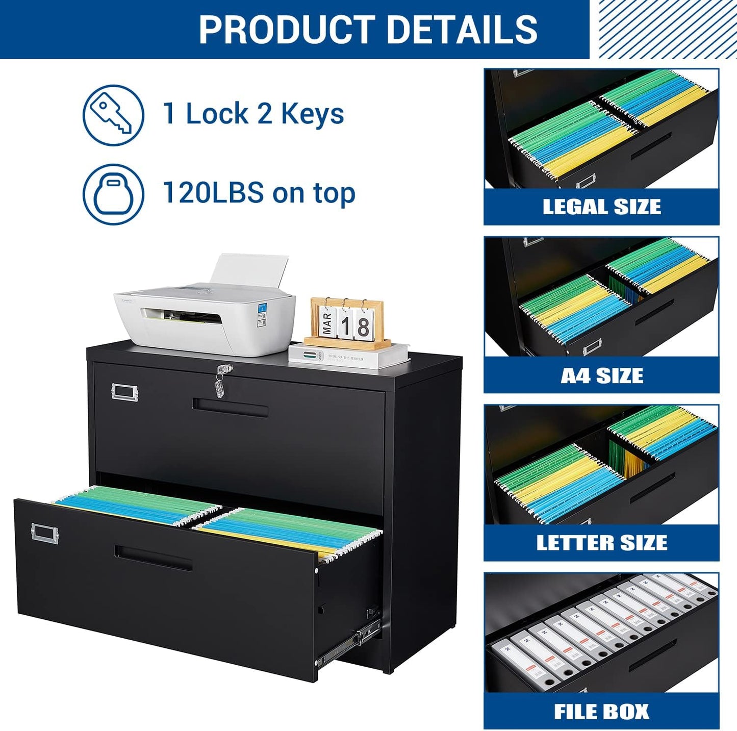 Lateral File Cabinet with Lock, 2 Drawer Large Metal Filing Cabinet,Home Office Lockable Storage Cabinet for Hanging Files Letter/Legal/F4/A4 Size-Assembly Required