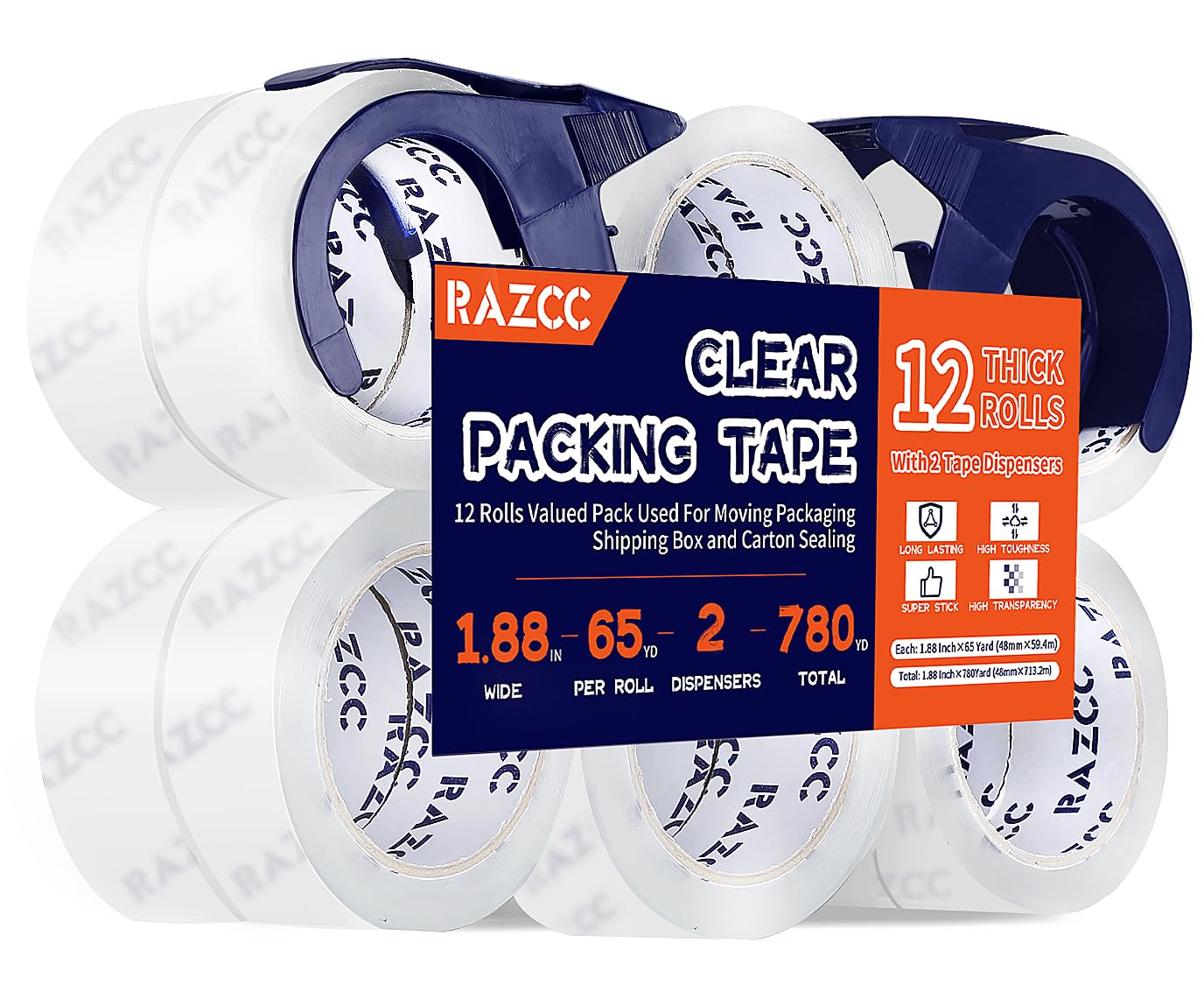Packing Tape, 12 Rolls Clear Heavy Duty Packaging Tape with Dispensers for Packing, Shipping, Moving and Mailing, Thicker Sealing Tape-1.88" x 65 Yards Per Roll, 780 Total Yards