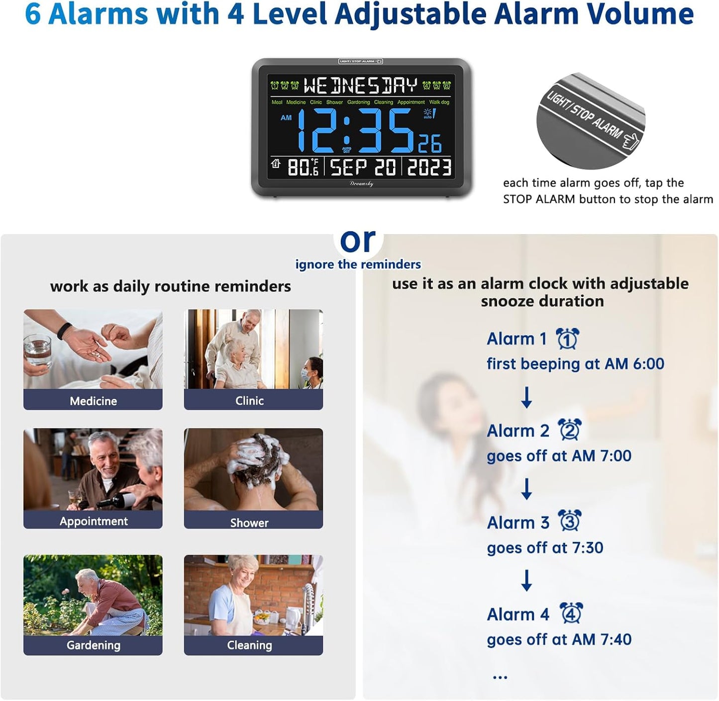 DreamSky Digital Clock with Date and Day of Week - Large Calendar Clock for Seniors Elderly, Loud Alarm Clock for Bedroom Desk, Backlight Dimmer, Adjustable Volume, USB Port, Auto DST, Battery Backup