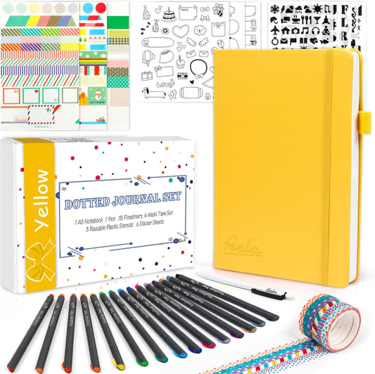 Dotted Journal Kit, Feela Dot Grid Journal Hardcover Planner Notebook Set For Beginners Women Girls Note Taking with Journaling Supplies Stencils Stickers Pens Accessories, A5, 224 Pages, Yellow