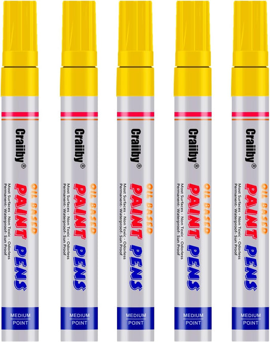 Yellow Paint Markers, 5 Pack Oil-Based Waterproof Quick Dry Permanent Paint Pen Set for Rocks Painting, Wood, Fabric, Plastic, Canvas, Glass, Mugs, Metal, Tire, Stone, DIY Craft