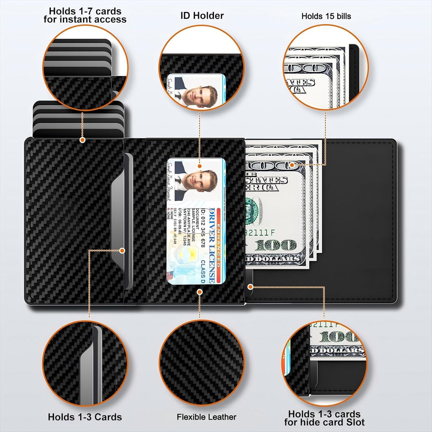 Mens Wallet Card Holder - Pop Up Aluminum Case, Flexible Carbon Fiber Leather, Smart Wallet for Men, RFID Blocking, Slim, Minimalist, Front Pocket - 9-14 Card Capacity | ID Window | Cash Slot